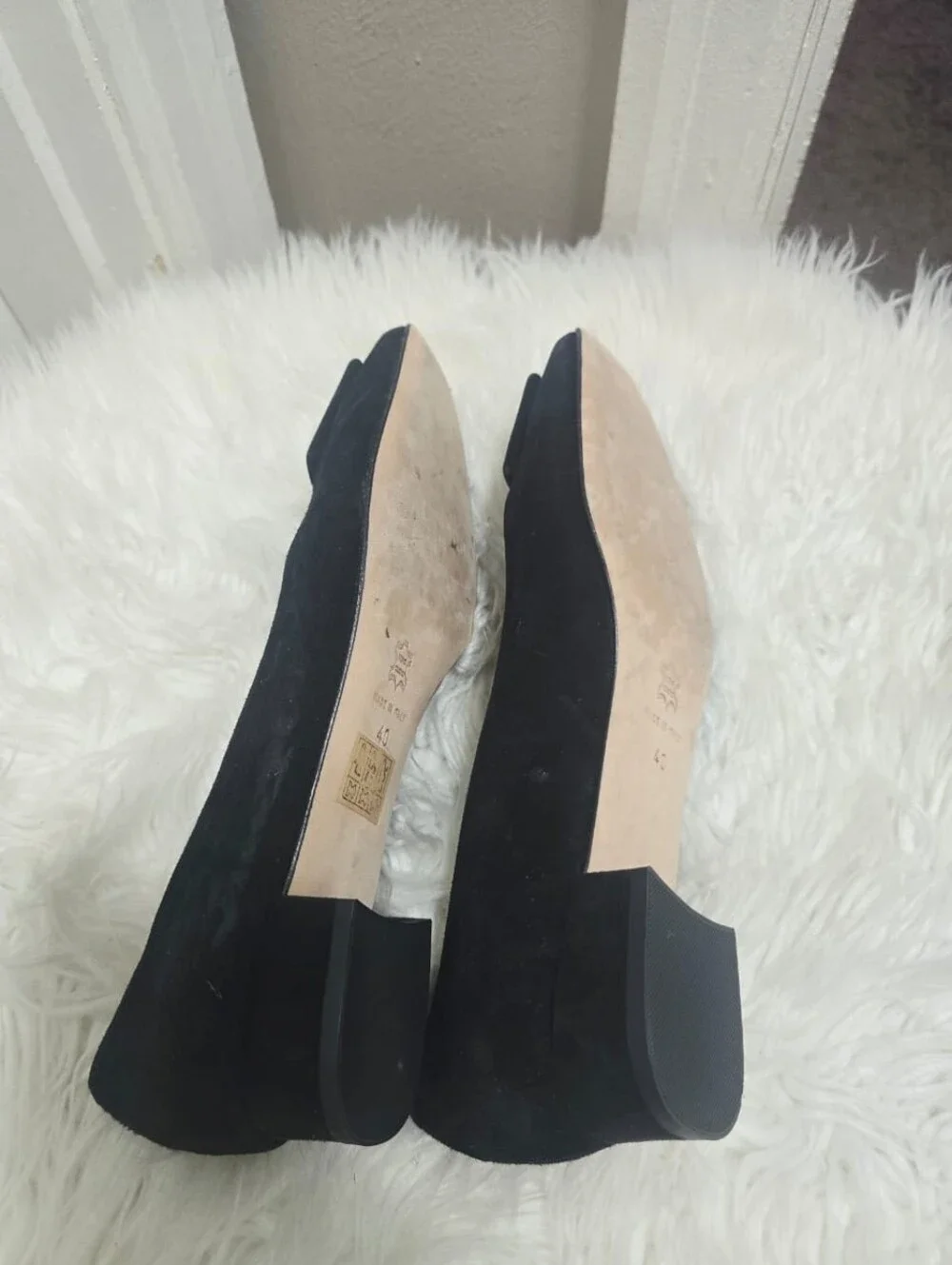 ANN MASHBURN Buckle Heel Black Suede size 38 US 9.5 small heel flats